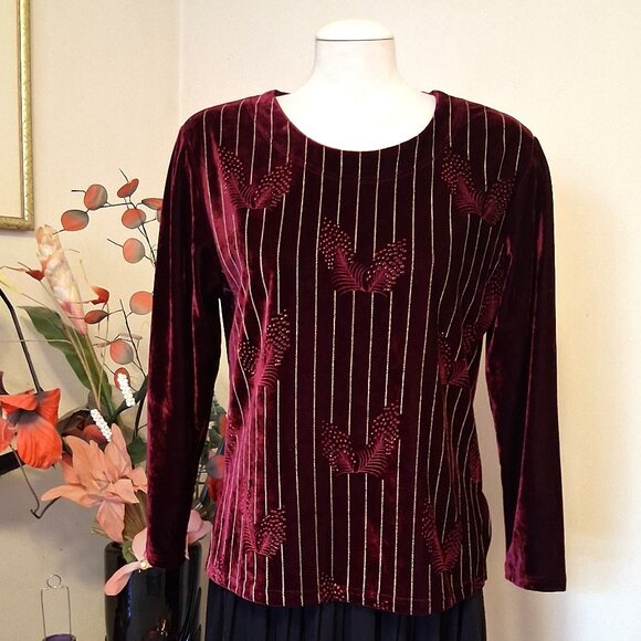 NWT Scoop Neck Wine-red Burgundy Embroidered Blouse Long Sleeve Women’s Top 12 - Picture 3 of 9